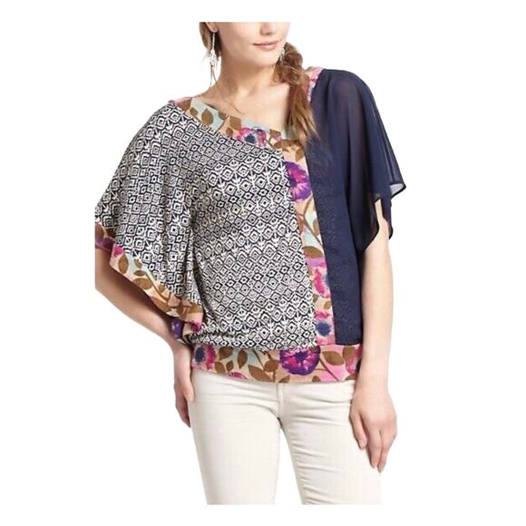 Anthropologie Vanessa Virginia Askew Blouse Top Short Sleeves Multi Print XS - Picture 1 of 10